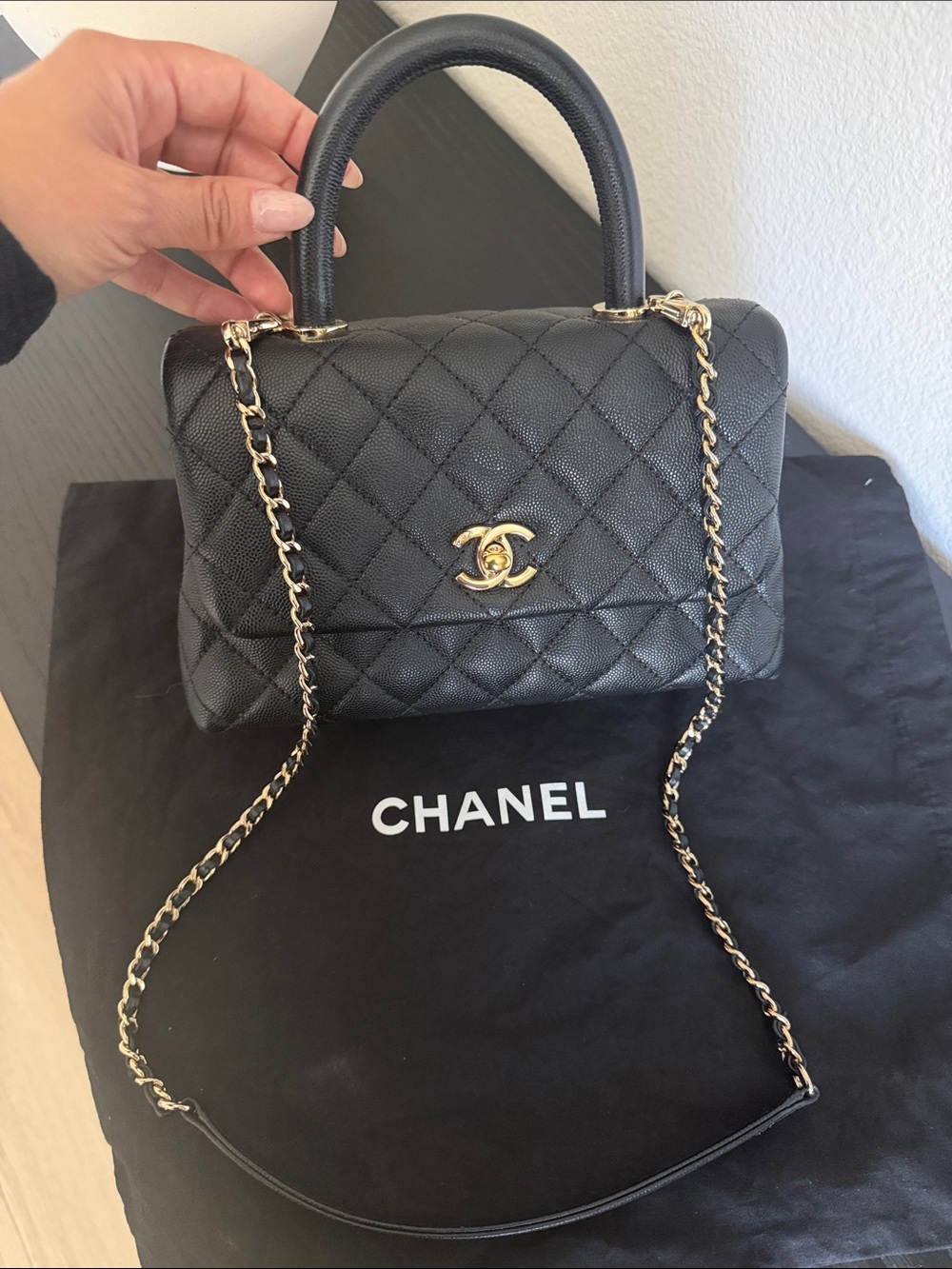 AUTHENTIC- CHANEL Black Quilted Top Handle Satchel with Champagne Gold Chain